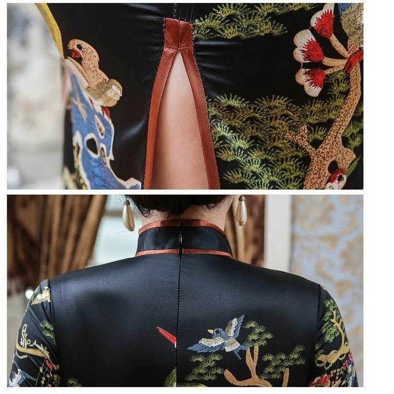 Китайское мини-платье из шелка и сатина Qipao Cheongsam, сексуальное платье с принтом и коротким рукавом, старинное винтажное черное платье синего цвета