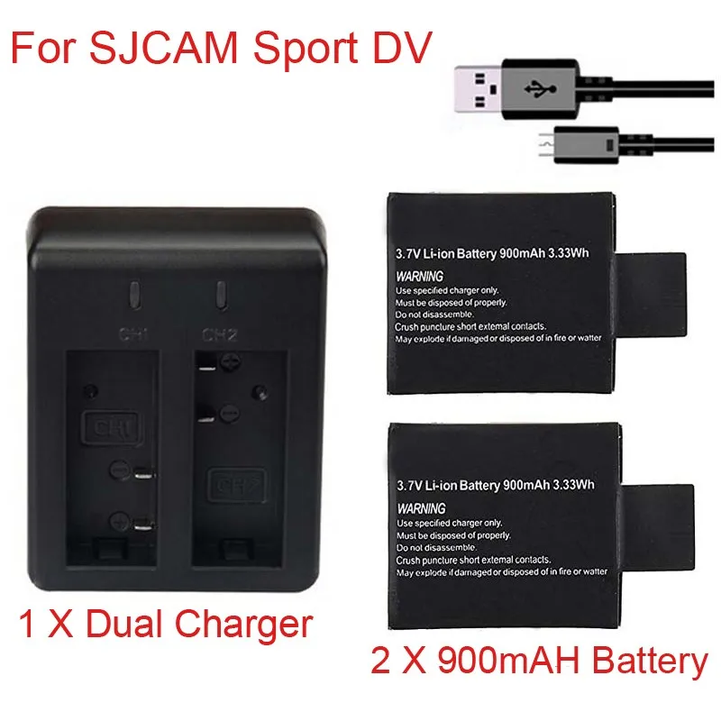 

100% Newest 1pc/2pcs 3.7V 900mAh SJ4000 SJ5000 SJ6000 Battery + Dual Battery Charger for SJCAM SJ 4000 5000 Camera Accessories