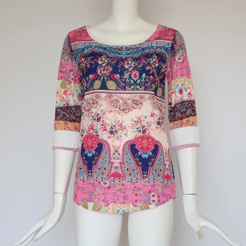 2018 Лето Boho Печать Топы Для женщин шифон блузки рубашки Повседневное круглым