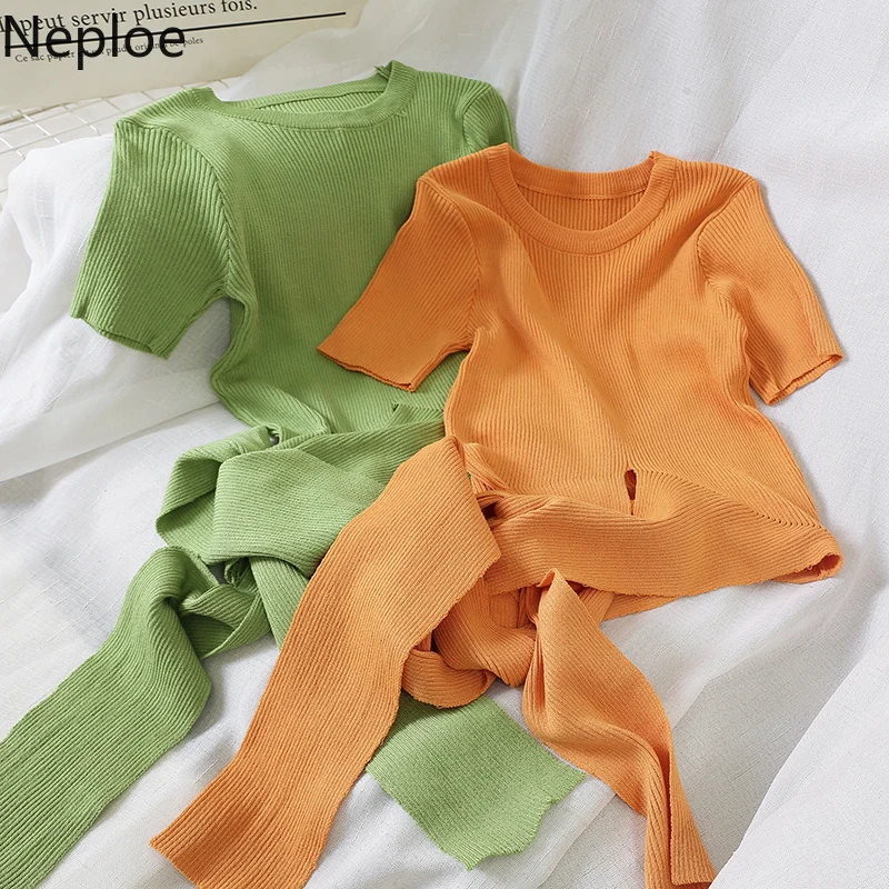 Neploe одноцветные женские футболки с перекрестным шнурком 2019 летние новые круглым