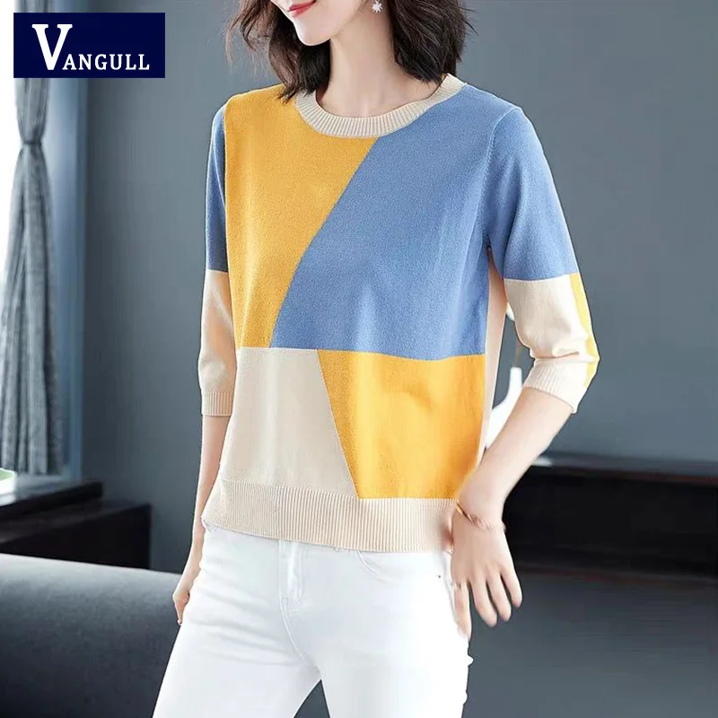 Vangull Summer Contrast Color Women Sweater Casual Half Sleeve Pullovers O-Neck Knitted Tops Jumper Thin Femme Soft | Женская одежда