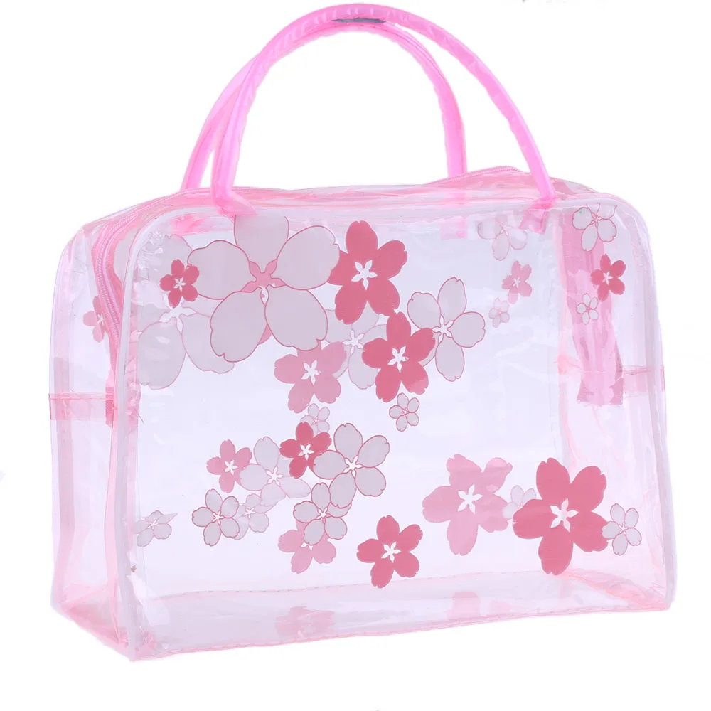 A-pink bag ПВХ водонепроницаемая косметичка для женщин Прозрачный цветочный принт портативный дорожный органайзер косметичка для ванной моющаяся косметичка - Цвет: A-pink bag