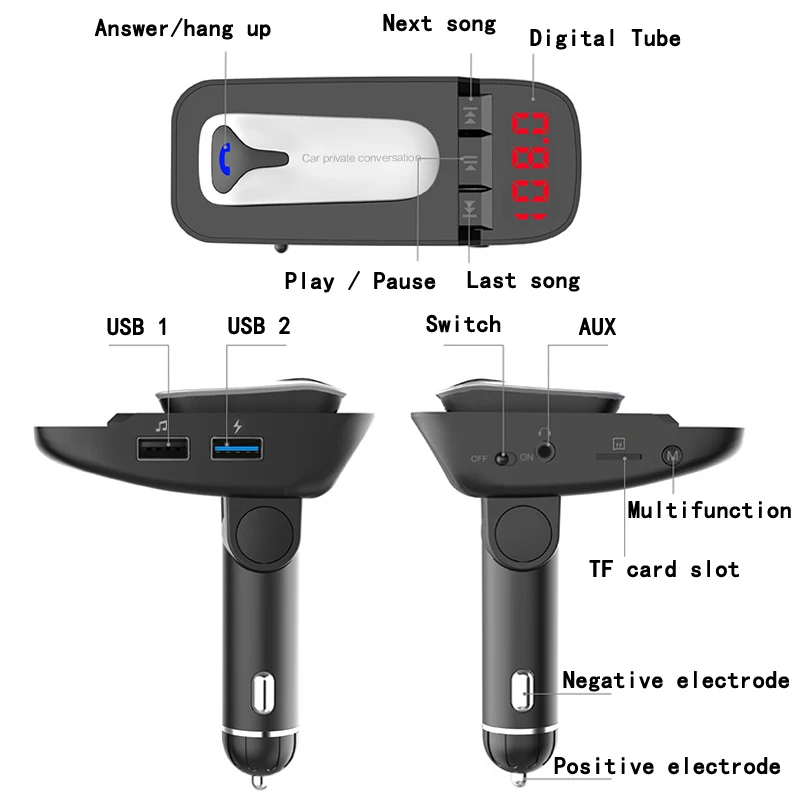 Съемная Bluetooth гарнитура, беспроводной fm-передатчик, Bluetooth автомобильный комплект, Handsfree MP3 плеер, двойное USB быстрое зарядное устройство, Радио адаптер