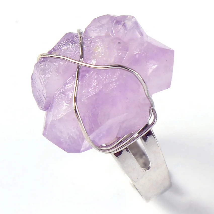

100-Unique 1 Pcs Silver Plated Wire Wrapped Adjustable Irregular Shape Natural Amethysts Stone Finger Ring For Anniversary