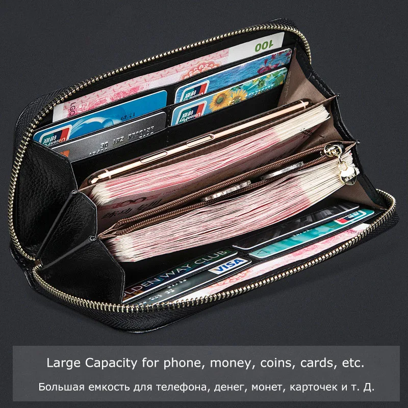 Женский кошелек из натуральной кожи на молнии Длинный с цветочным принтом пиона