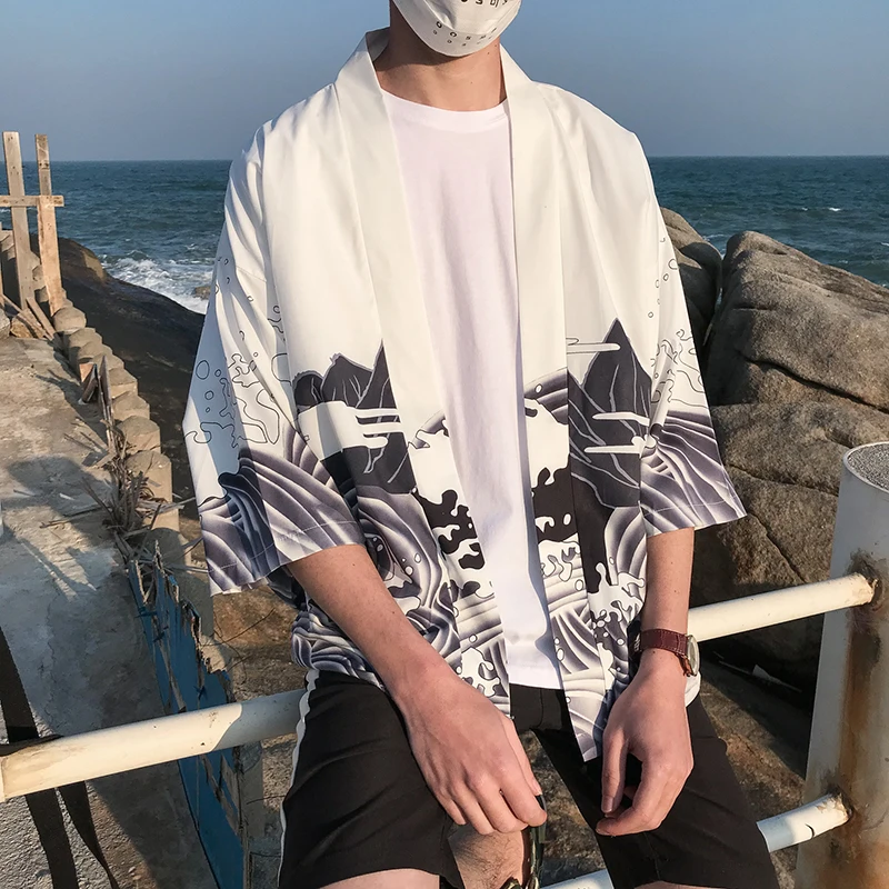 Японские кимоно Половина рукава 3d принт Лун рубашка мужская Открыть стежка