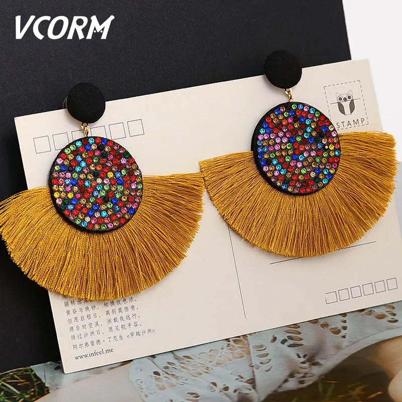 Brown 3 VCORM богемные большие висячие серьги с кисточками для женщин модные ювелирные серьги Роскошные серьги с бахромой из хлопка и шелка - Окраска металла: Brown 3