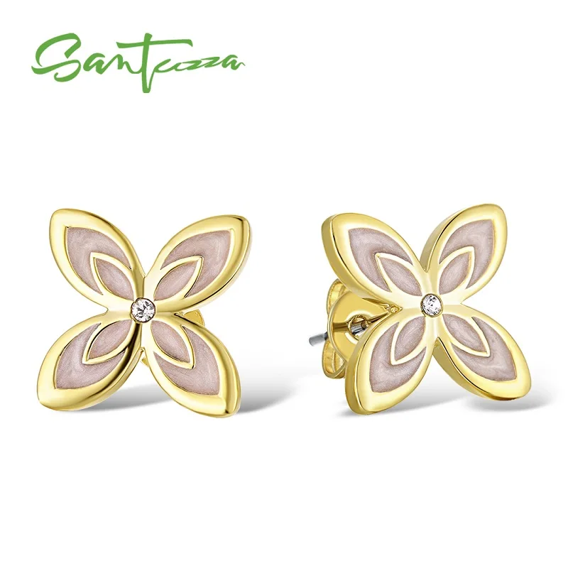 Yellow Gold (Pink) Женские серьги в виде цветка SANTUZZA, элегантные Разноцветные серьги в виде цветка, сверкающие кристаллы, Модные Винтажные Ювелирные изделия ручной работы, эмаль - Окраска металла: Yellow Gold (Pink)