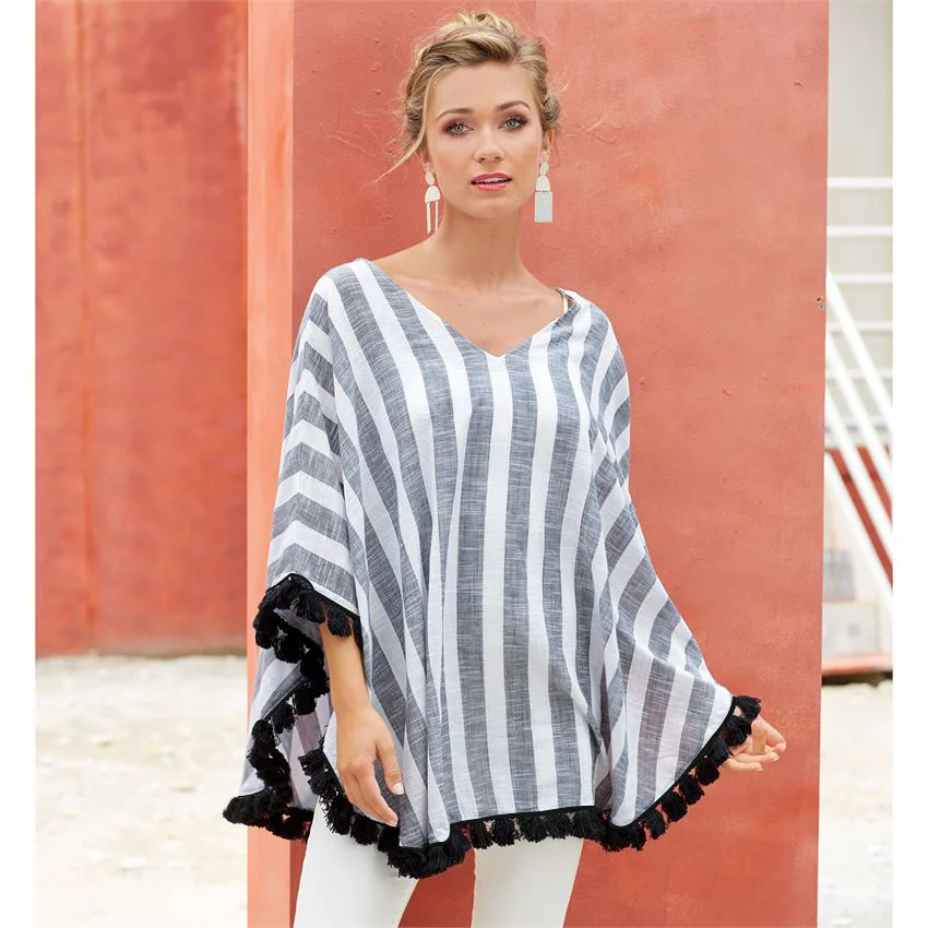 Женская футболка в полоску с v-образным вырезом Повседневная Свободная