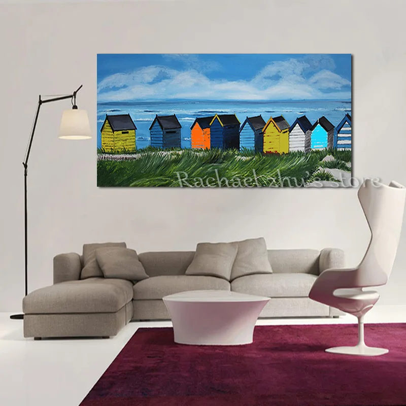 

Large Size Hand Painted Colorful Chalet Landscape Oil Painting On Canvas House Sea Beach Wall Picture For Living Room Home Decor