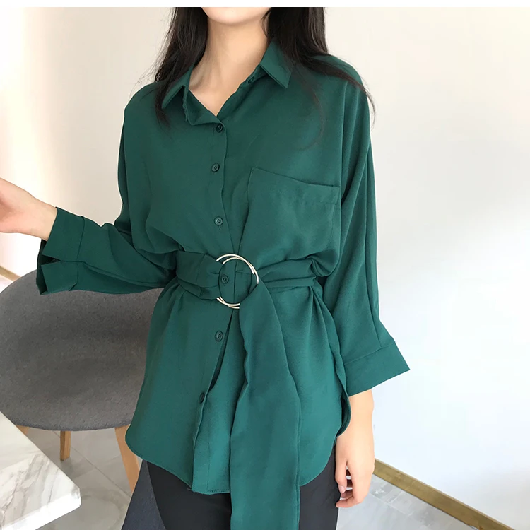For Women Long Blouses Autumn Springcasual Buttons Women's Elegant Lace-Up Equipped Waist Retro Tops |