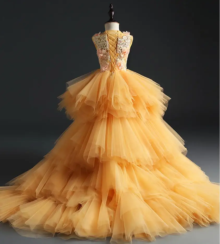 Vestido para o Casamento de Ouro Vestido de Primeira Vestido de Festa Vestido de Baile Elegante Longo Arrastando Flor Meninas Floral Tutu Crianças Pageant Comunhão