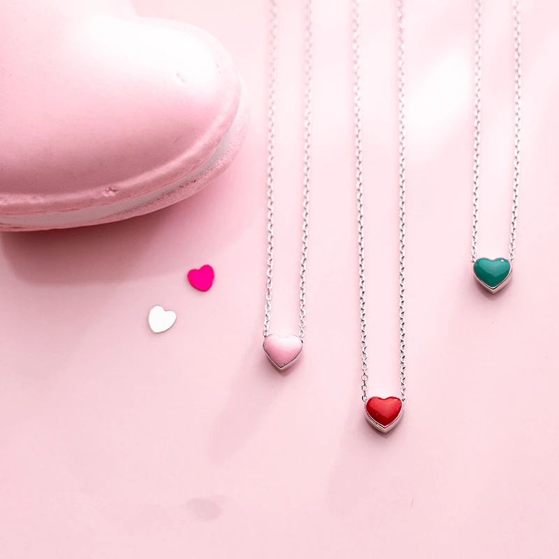 TOYOOSKY 925 пробы Серебряное ожерелье для женщин модные милые миниатюрные розовый зеленый красный глазурь сердце кулон ожерелье s для девушек леди