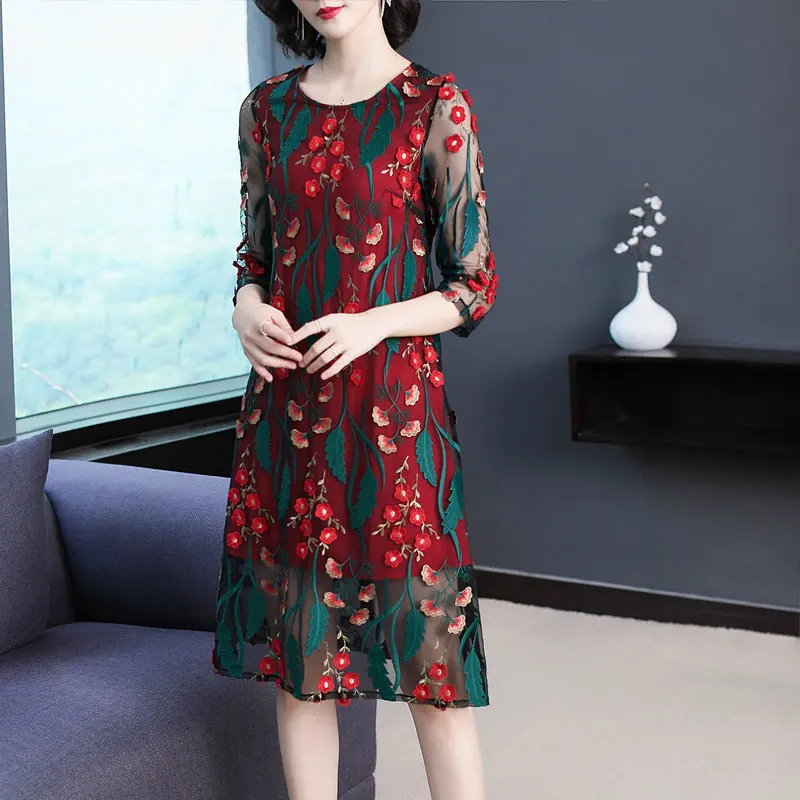 Красный цветок платье с вышивкой для женщин большие размеры большой Элегантный