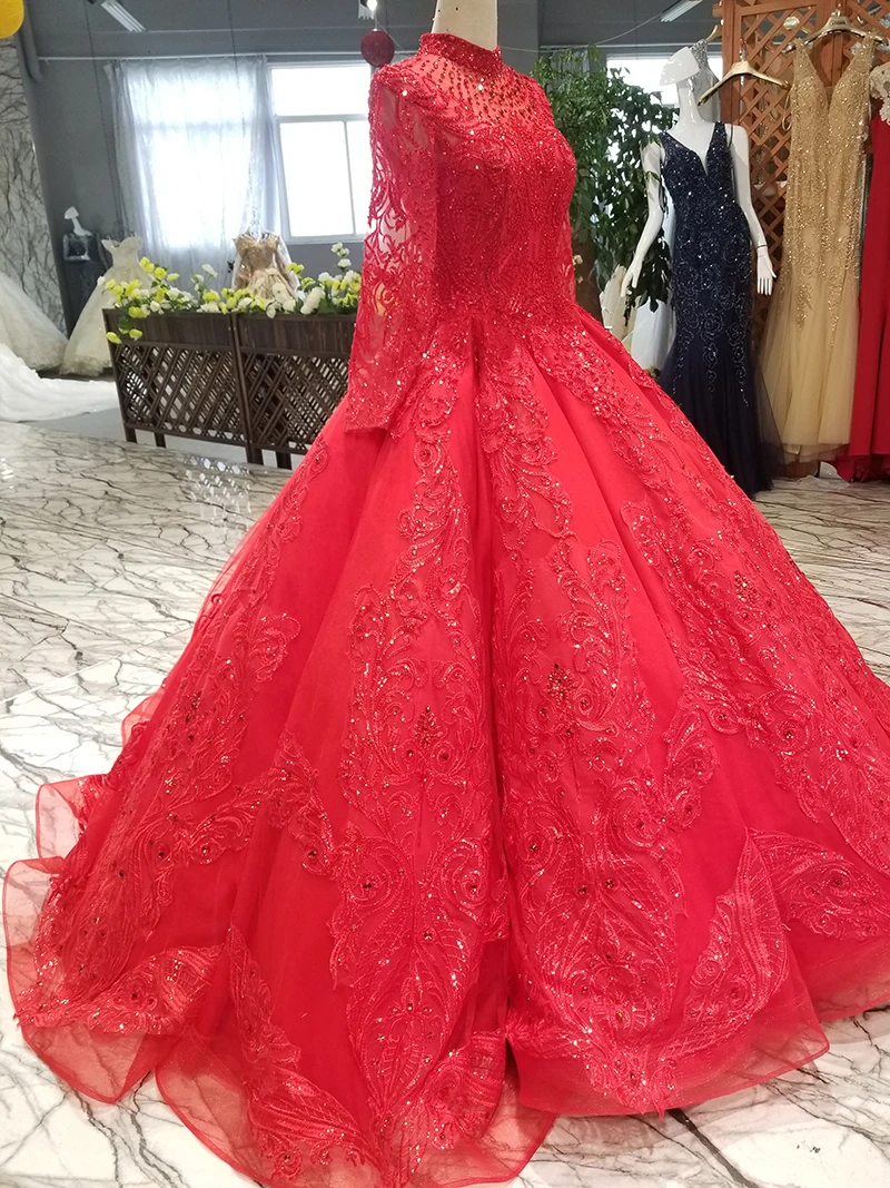 LS64440 красный мусульманский пушистый старинный вечернее платье с длинным рукавом