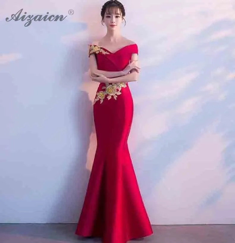 Модное платье без бретелек с вышивкой Cheongsam Красное длинное платье с хвостом русалки для Женщин Китайское свадебное платье халат Qi Pao хлопок