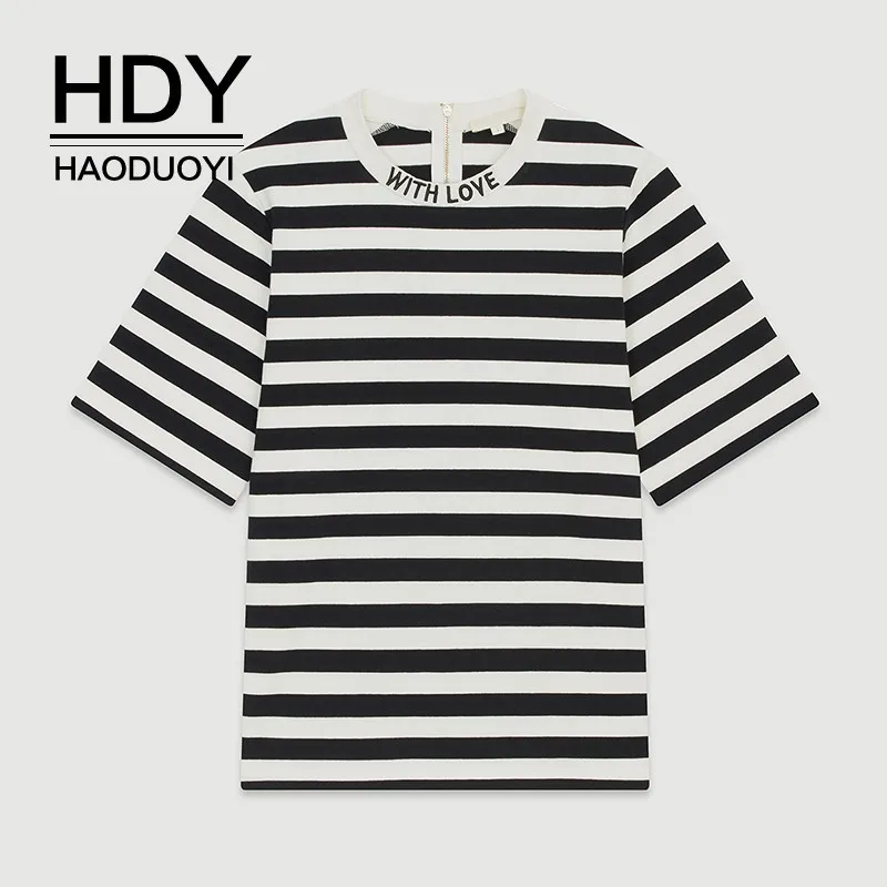 HDY Haoduoyi Femme Tops Summer Stylish Sweet Preppy Style Letter Stripe Knit T-shirt Embroidered O-Neck Loose Metal Zipper Tees | Женская