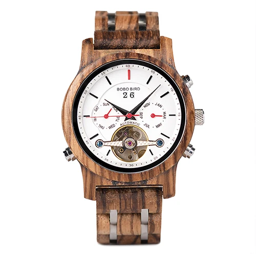 Zebarwood 45mm BOBO BIRD автоматические механические часы с скелетом, мужские деревянные роскошные часы, автоматические часы relógio masculino - Цвет: Zebarwood 45mm