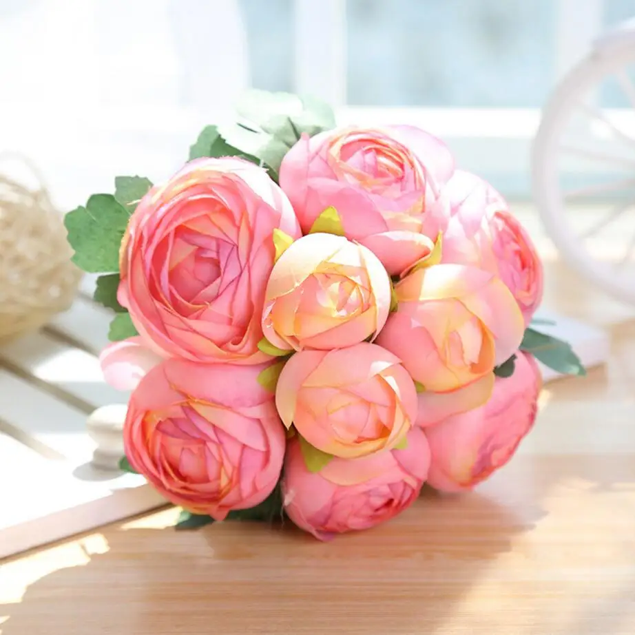 9pcs pink 1 букет искусственных роз, декоративные шелковые цветы, свадебные букеты для свадьбы, вечерние украшения для дома, свадебные принадлежности 1 - Цвет: 9pcs pink