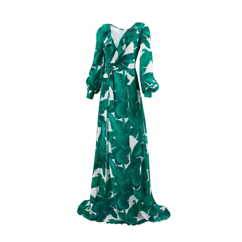 Женское длинное пляжное платье с длинным рукавом бабочкой и поясом глубоким