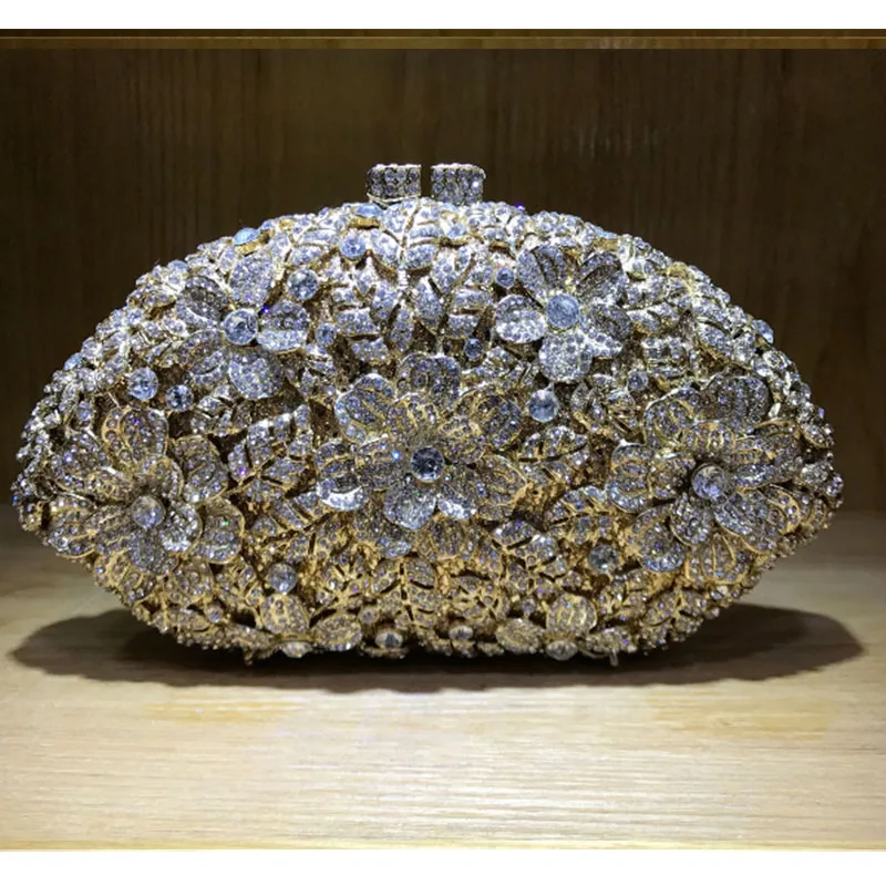 Роскошный женский свадебный золотистый клатч с цветочным рисунком и кристаллами