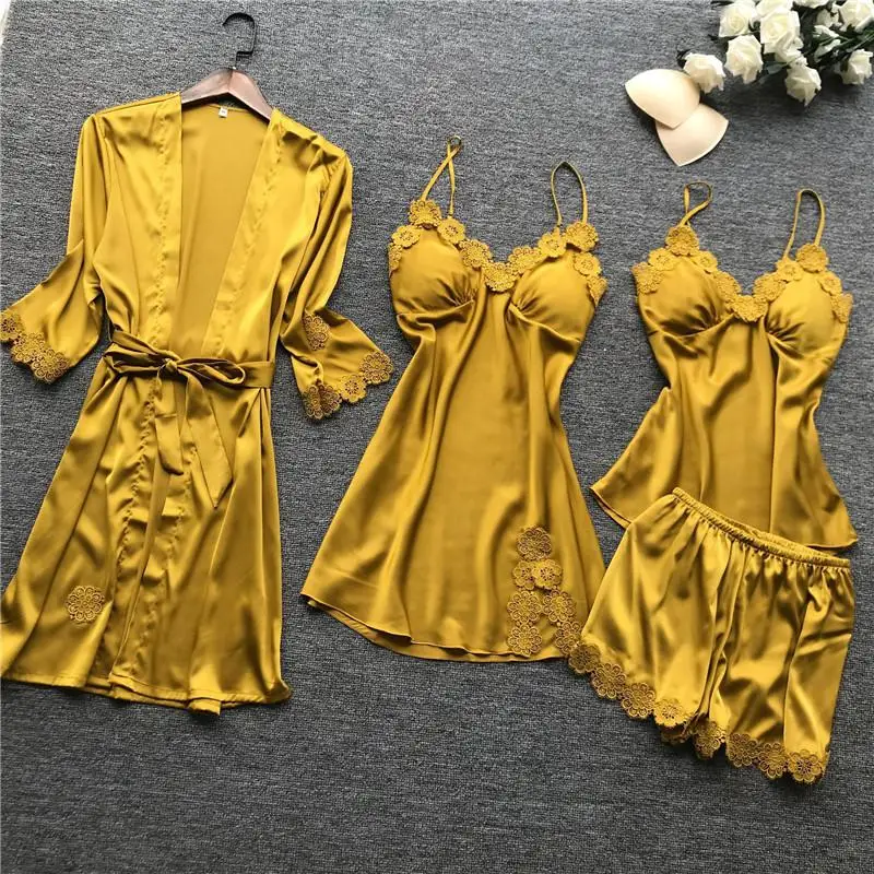 Female Flower 4PCS Kimono Robe Bathrobe Gown Sleepwear Sexy Lace Intimate Lingerie Home Clothes Summer Casual Nightwear With Bra - Цвет: Yellow
