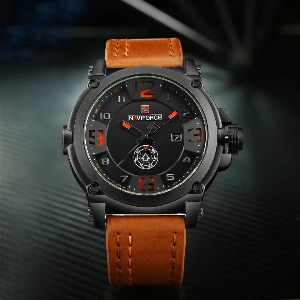 NAVIFORCE, модные, спортивные, 3 АТМ, водонепроницаемые, дата, неделя, кварцевые, кожа, мужские часы, часовое время, Relogio Masculino,, черные, Новинка