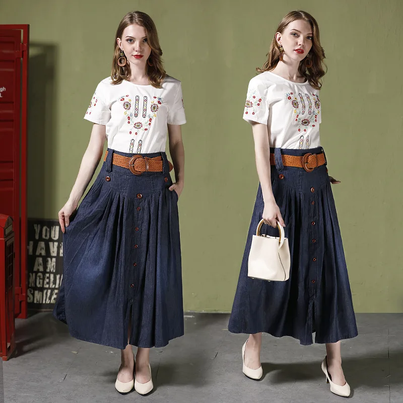 Женская джинсовая юбка с высокой талией длинная Плиссированная из денима