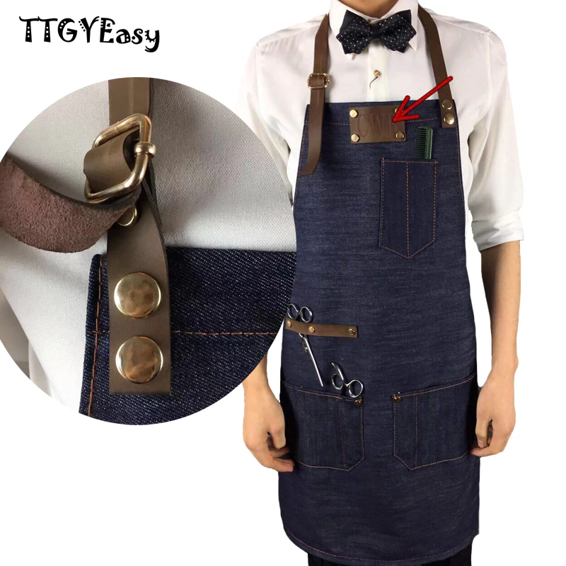 

Denim Cowboy Apron BBQ Senior Cotton baking Bib Leather Straps Kitchen apron for Women Men cooking Waitress Custom Print Logo