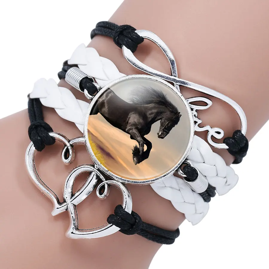 Trendy Horse Photo Glass Cabochon Black White Multilayer Leather Charm Bracelet For Women Heart Infinity Bracelets Gifts | Украшения и