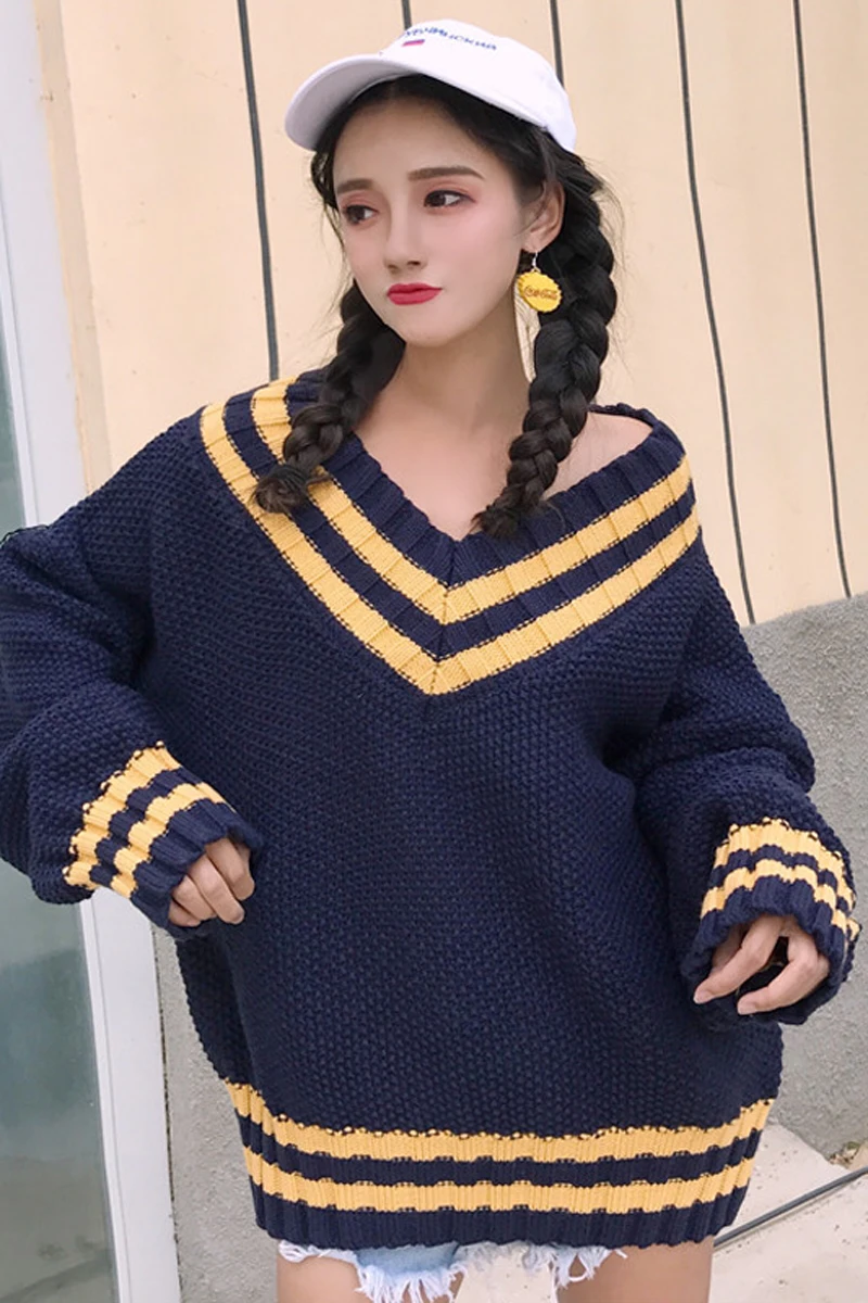 Осенняя Корейская женская свободного кроя в полоску с v-образным вырезом