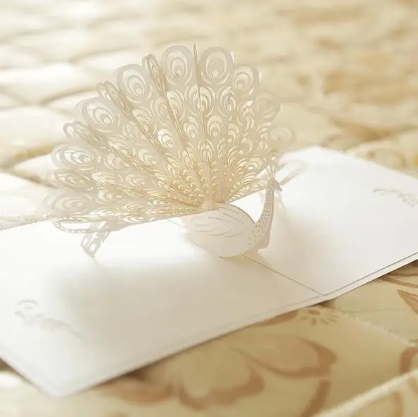 50 шт. Роскошные 3D белый павлин лазерная резка карты свадебные приглашения