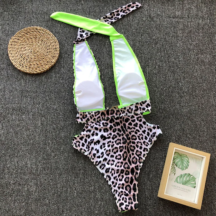 Женский неоновый купальник бикини однотонный с леопардовым принтом пряжкой на