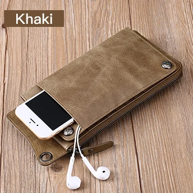 Khaki Новая мода бумажник из натуральной кожи кошелек Брендовые женские кошелек Длинный кошелек портмоне Телефон карман для iPhone7S - Цвет: Khaki