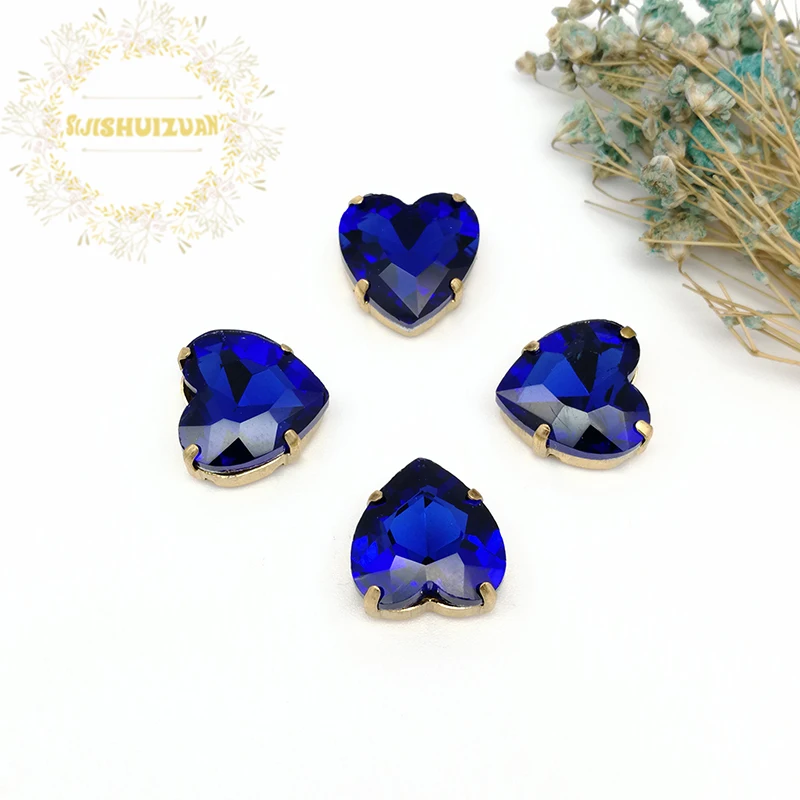 Сапфировый синий в форме сердца из хрустального стекла для пошива страз с