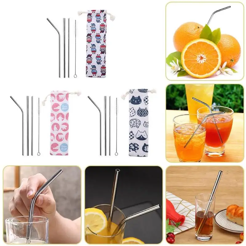 5 шт./лот прямые изогнутые соломинки из нержавеющей стали чистящая щетка с сумкой
