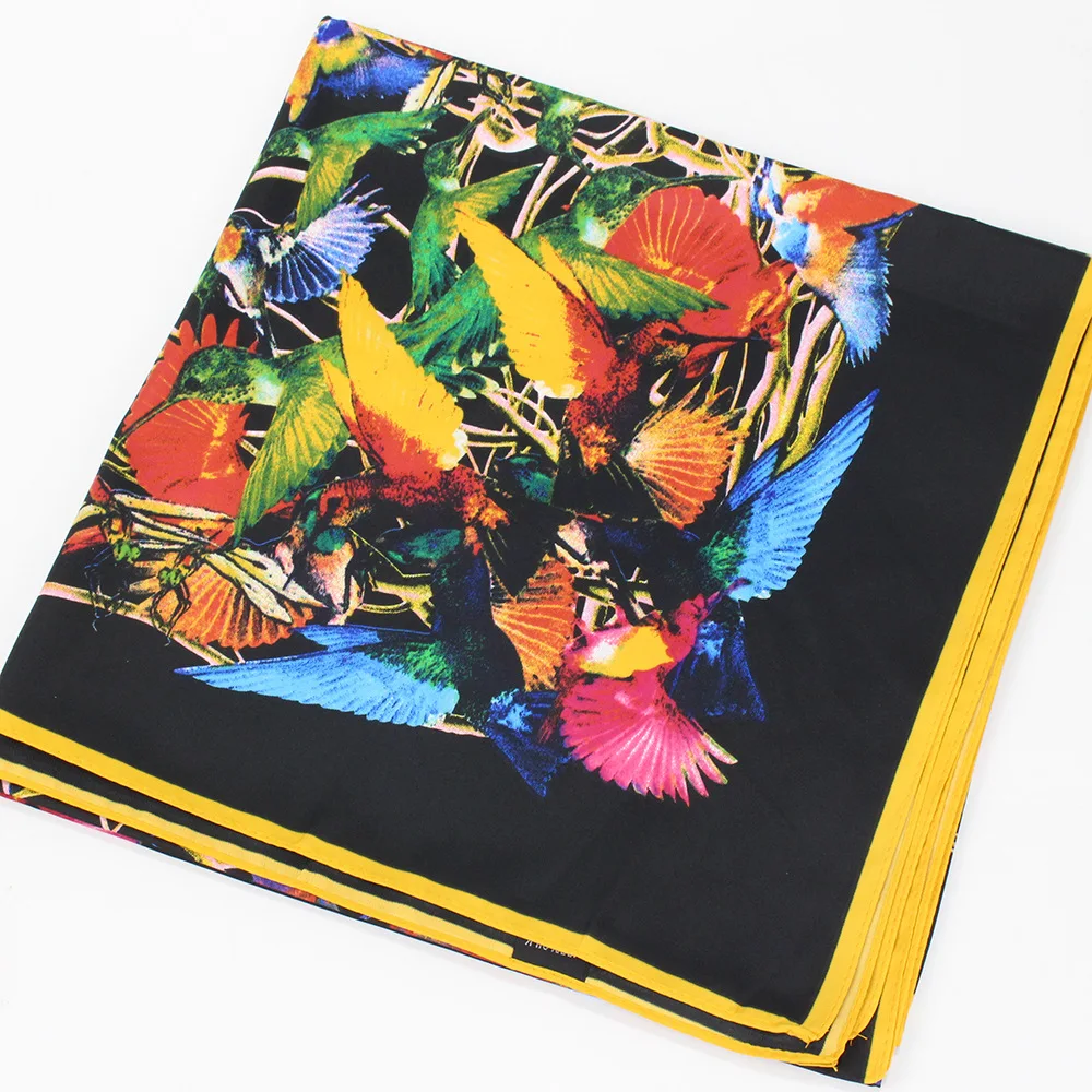 

2019 Women Silk Scarf Large Shawls Stoles Bird Flower Tree Print Square Scarves Fashion Femme Wrap Bandanas 130*130CM