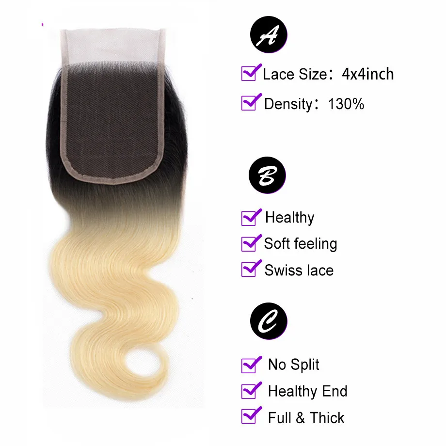 Bling hair 1b/613 блонд бразильские волосы объемная волна Кружева Закрытие 4*4