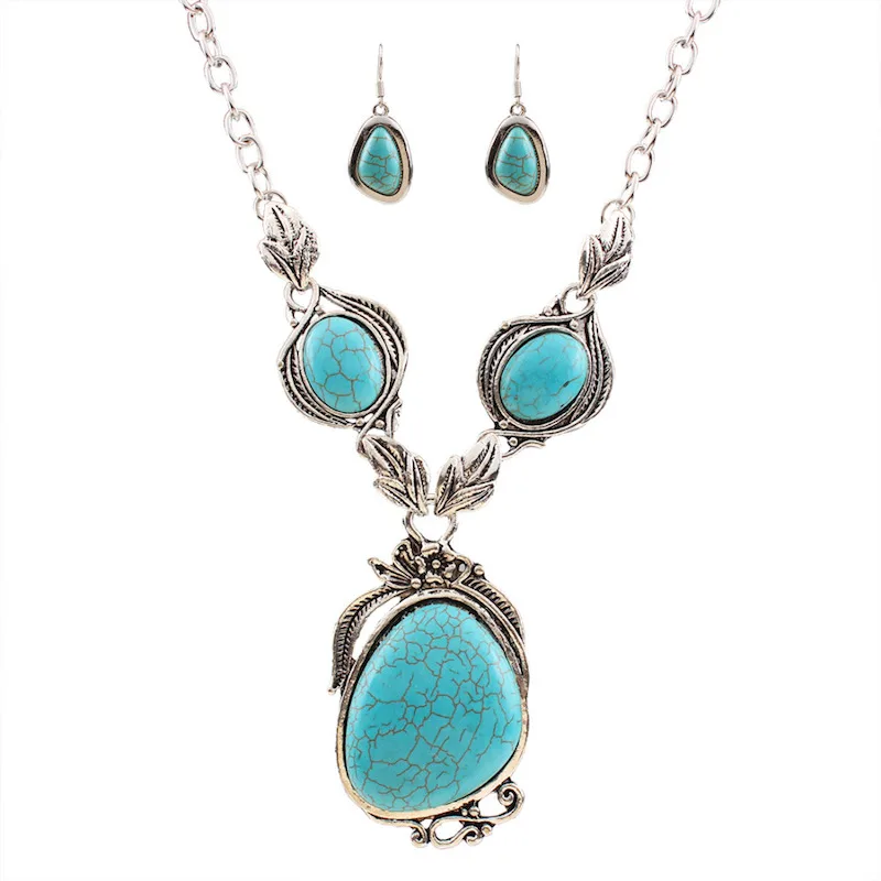 Мода Тибетский Стиль Заявление Хаулит Камень Ожерелье Серьги Комплекты Vintage