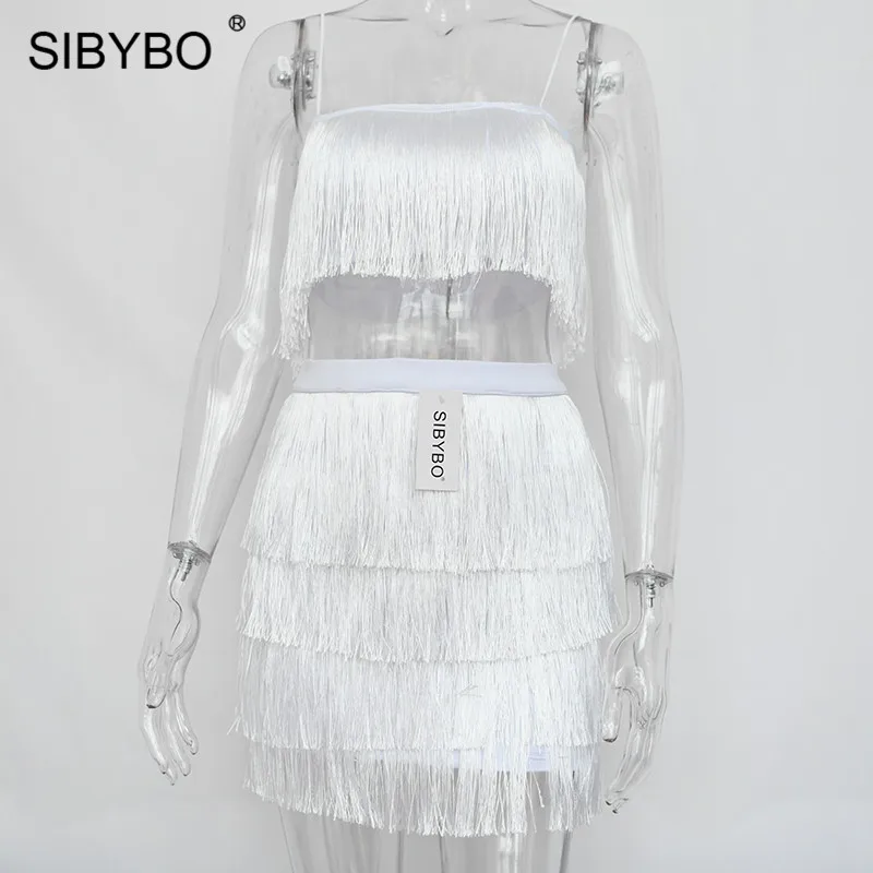 SIBYBO, с кисточками, без бретелек, сексуальный комплект из двух частей, Бандажное платье,, красное, белое, летнее, женское платье, элегантное, мини, для клуба, Платья для вечеринок