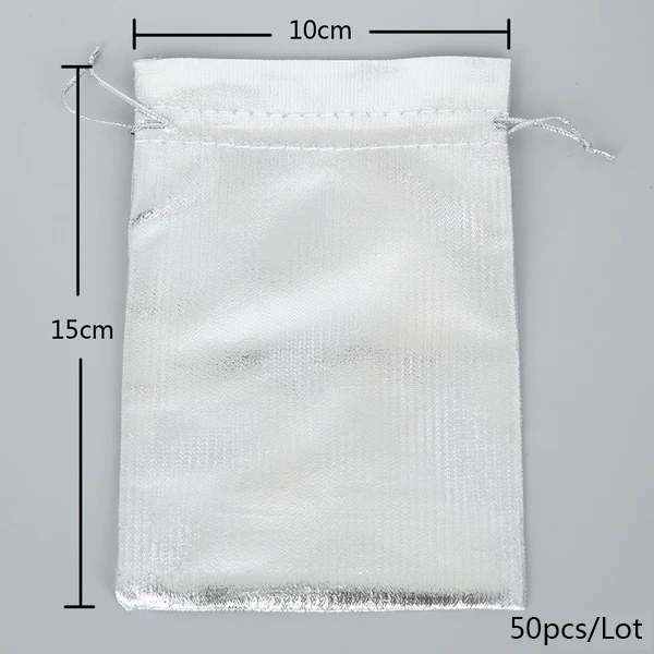 10X15cm Silver 50 шт., серебристые/золотистые мешочки из металлизированной фольги из органзы для рождественской свадебной вечеринки, Любимые Подарки, сумки для конфет 7X9/9X12/10X15/13X18 см - Цвет: 10X15cm Silver
