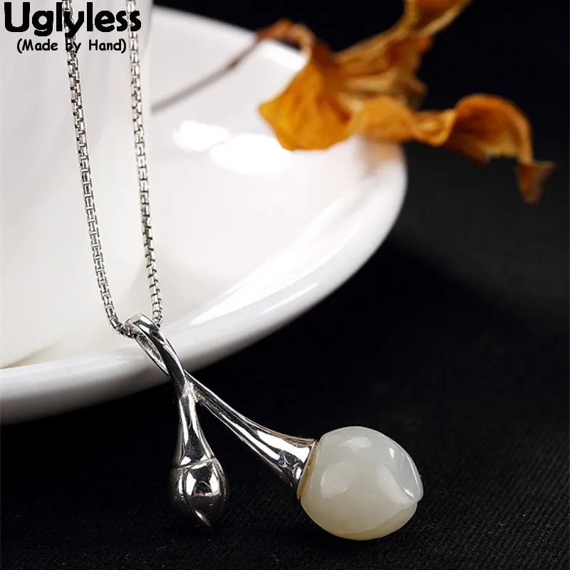 

Uglyless 925 Sterling Silver Natural White Jade Magnolia Pendants without Chains Women Elegant Floral Fine Jewelry Ethnic Bijoux