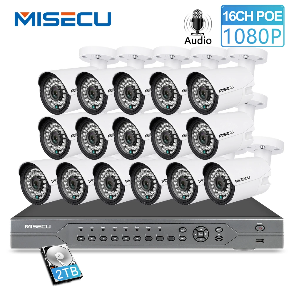 MISECU H.265 16CH 2MP 5MP POE NVR CCTV система безопасности 16 шт. ИК Открытый 1080P Аудио запись P2P комплект наружного видеонаблюдения