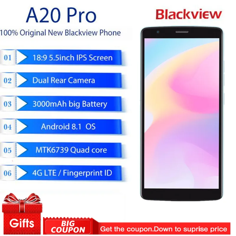 BLACKVIEW A20 PRO смартфон с 5 дюймовым дисплеем четырёхъядерным процессором MT6739 ОЗУ 2 Гб