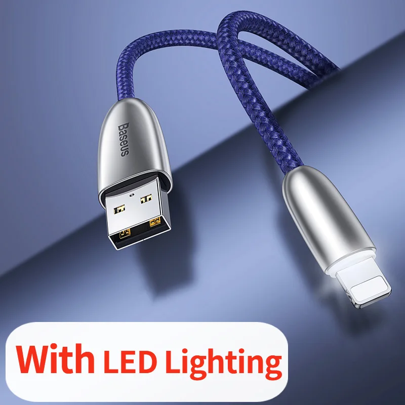 Blue With LED Usb-кабель Baseus для iPhone XS Max XR X 8 7 6 6S Plus 5 5S iPad из цинкового сплава, шнур для быстрой зарядки и передачи данных, кабель для зарядного устройства iPhone - Цвет: Blue With LED