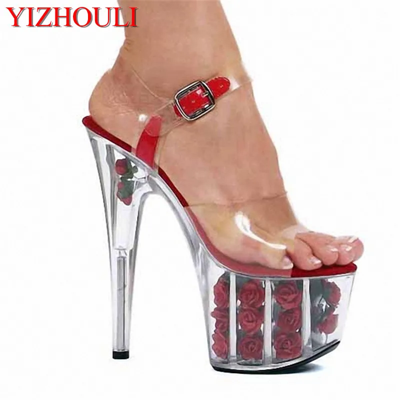 

Fashionable summer heat multicolor flower waterproof 15cm transparent nightclub stage girl sexy high-heeled sandals