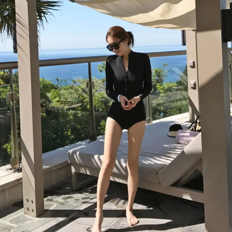 

Women Sexy Solid Color Tight-Fitting Long-Sleeved Zipper One-Piece Swimsuit Elastic Triangle Swimsuit 2019