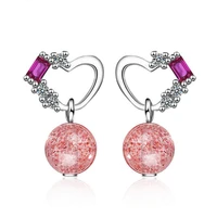 new fashion simple 925 silver pink strawberry crystal bead loves heart dangle earring for women girls sweet party gift jewelry