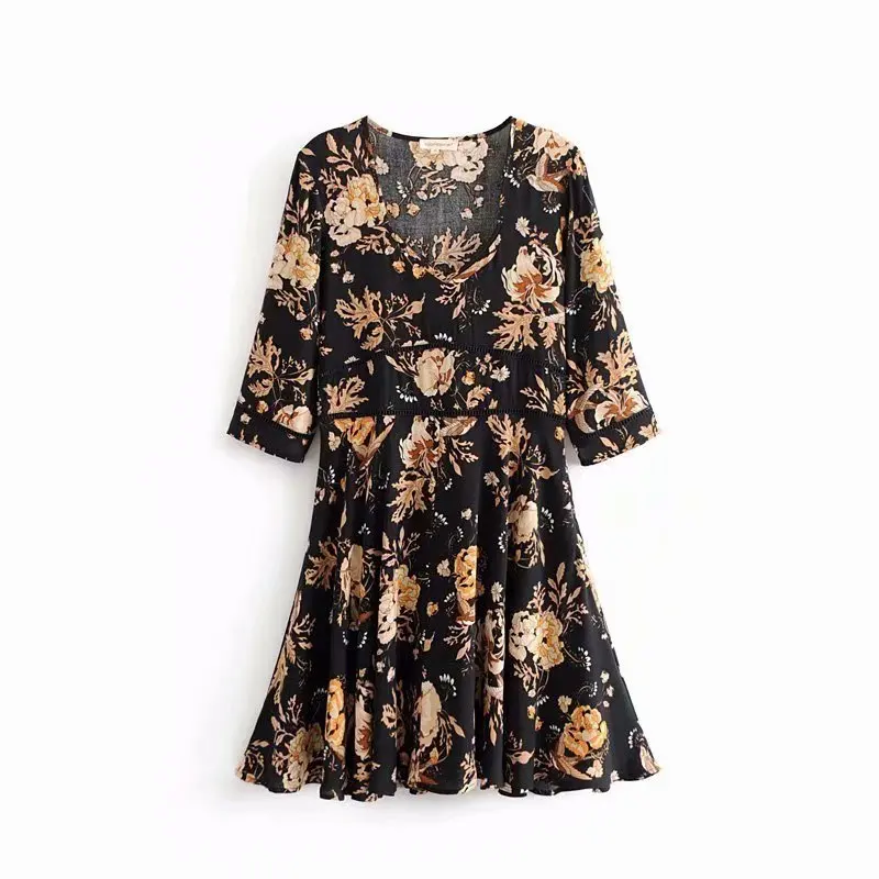 Женское пляжное платье миди VOGUEIN розовое/черное с цветочным принтом и рукавом 3/4