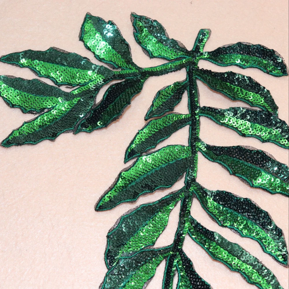 21*24 см Высокое качество Новые вышитые блестки Зеленый лист ткани наклейки для